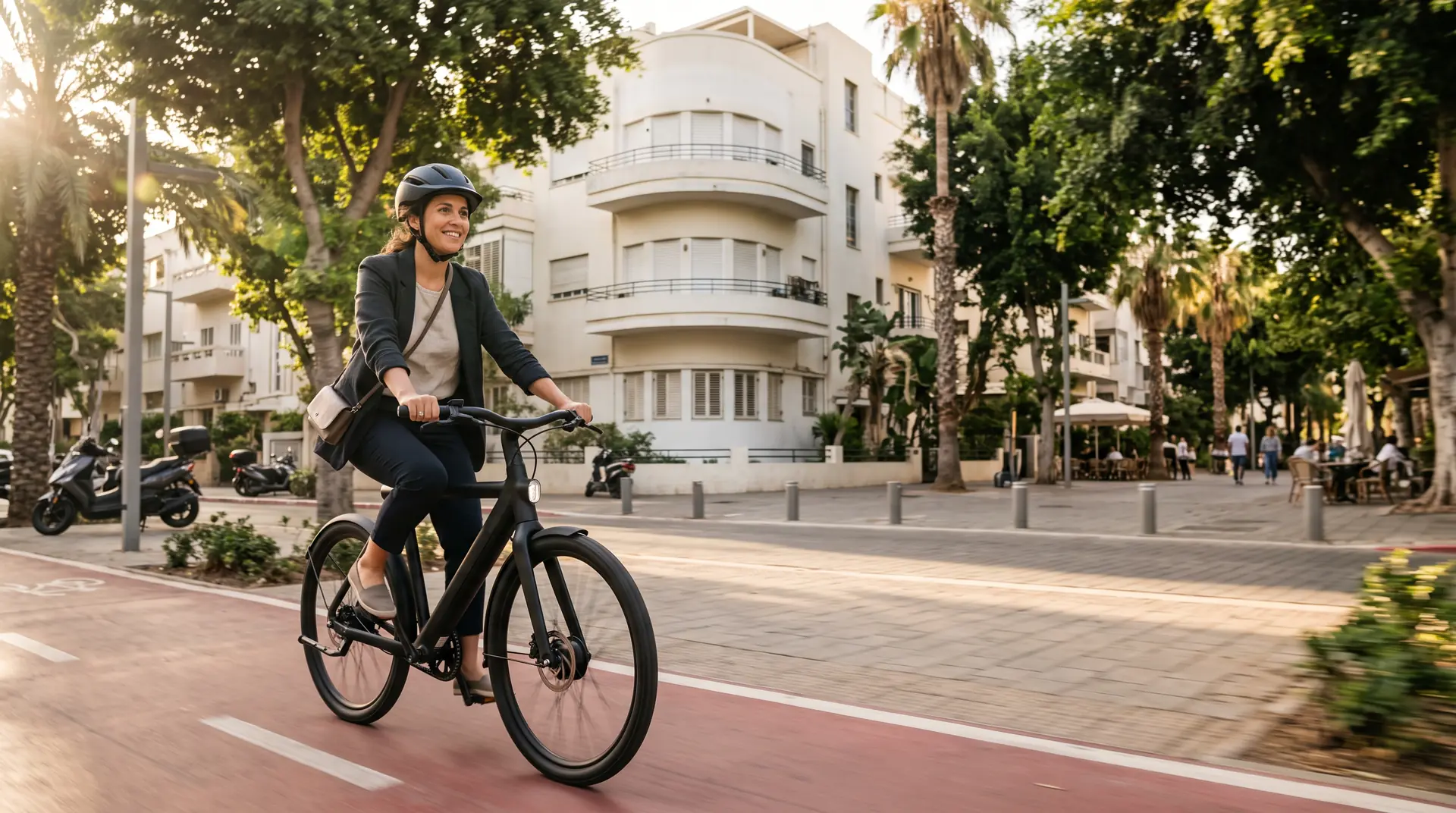 רוכבת עם קסדה על אופני ZEREM City בשביל אופניים בשדרה בתל אביב