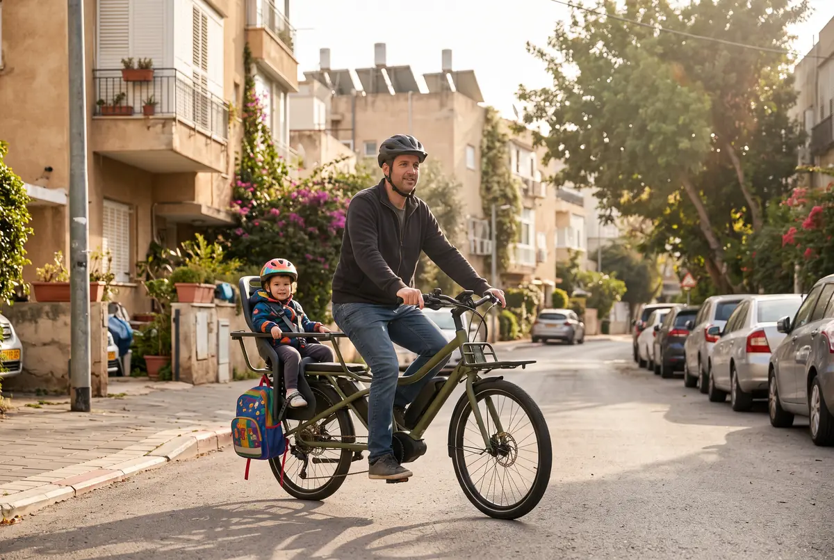 אבא רוכב על אופני משא עם ילד בכיסא, שניהם עם קסדות